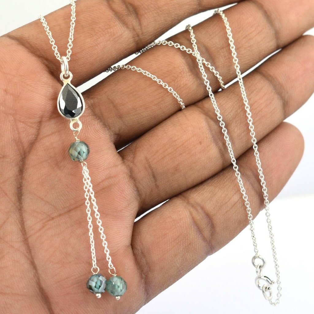 Sterling Silver Blue Diamond Beads Necklace With 115ct Diamond Connector Sterling Silver Blue Diamond Beads Necklace With 115ct Diamond Connector